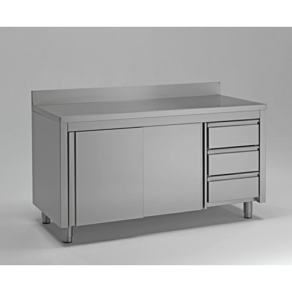 TAVOLO INOX ARMADIO 170X80X90H+ALZAT.+CASS.DX+PORTE SCOR.